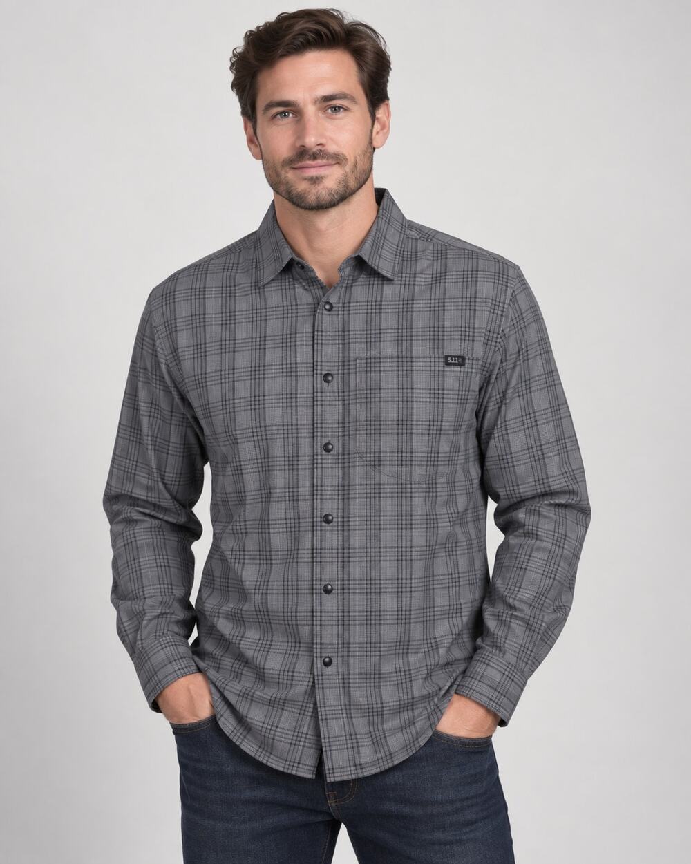 5.11 Tactical Men’s Medium Gray Black Plaid Snap Long Sleeve Utility Shirt